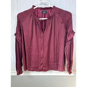 VICI Women’s Blouse Size Medium Burgundy Pleated Long Sleeve Tie Neck Top‎